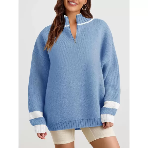 Saodimallsu Womens Oversized Sweater Casual Long Sleeve Fall Quarter Zip Striped Sweaters Lapel Mock Neck Pullover ShirtBlue