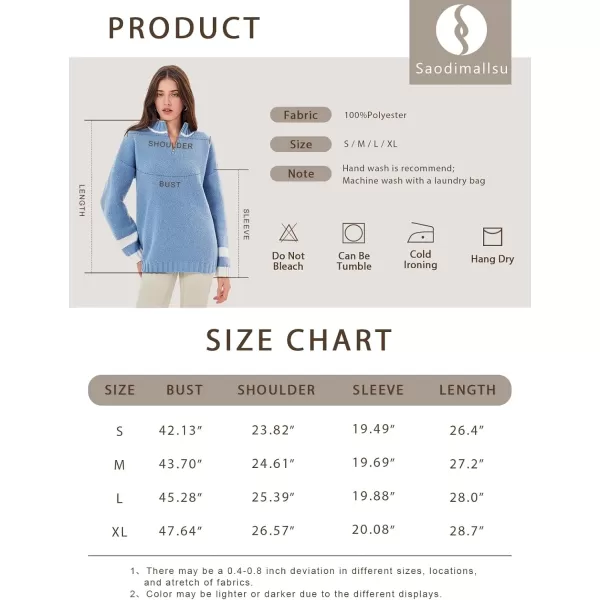 Saodimallsu Womens Oversized Sweater Casual Long Sleeve Fall Quarter Zip Striped Sweaters Lapel Mock Neck Pullover ShirtBlue