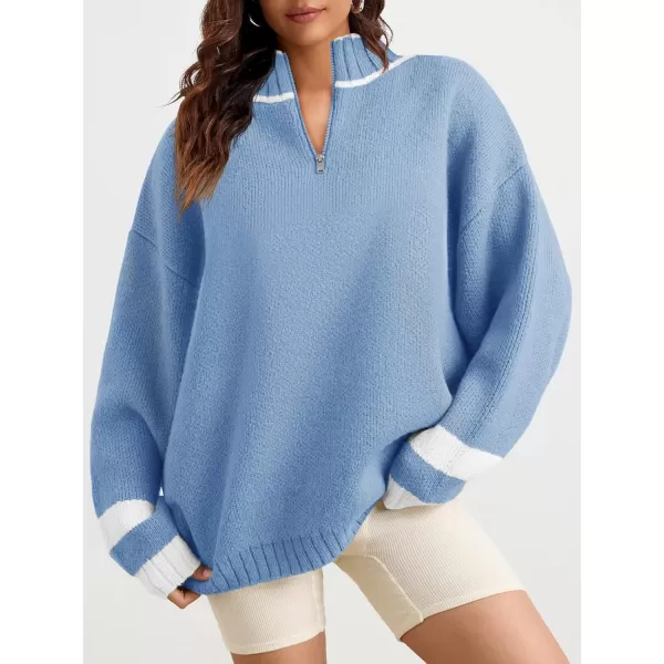 Saodimallsu Womens Oversized Sweater Casual Long Sleeve Fall Quarter Zip Striped Sweaters Lapel Mock Neck Pullover ShirtBlue