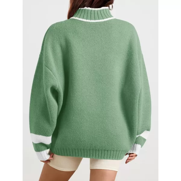 Saodimallsu Womens Oversized Sweater Casual Long Sleeve Fall Quarter Zip Striped Sweaters Lapel Mock Neck Pullover ShirtGreen