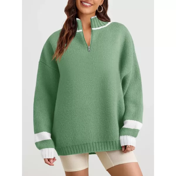 Saodimallsu Womens Oversized Sweater Casual Long Sleeve Fall Quarter Zip Striped Sweaters Lapel Mock Neck Pullover ShirtGreen