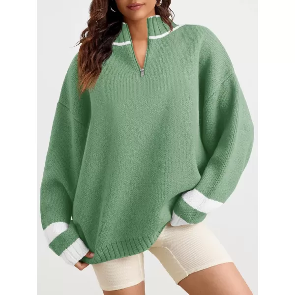 Saodimallsu Womens Oversized Sweater Casual Long Sleeve Fall Quarter Zip Striped Sweaters Lapel Mock Neck Pullover ShirtGreen