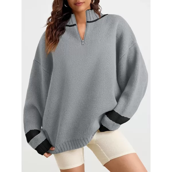 Saodimallsu Womens Oversized Sweater Casual Long Sleeve Fall Quarter Zip Striped Sweaters Lapel Mock Neck Pullover ShirtGrey