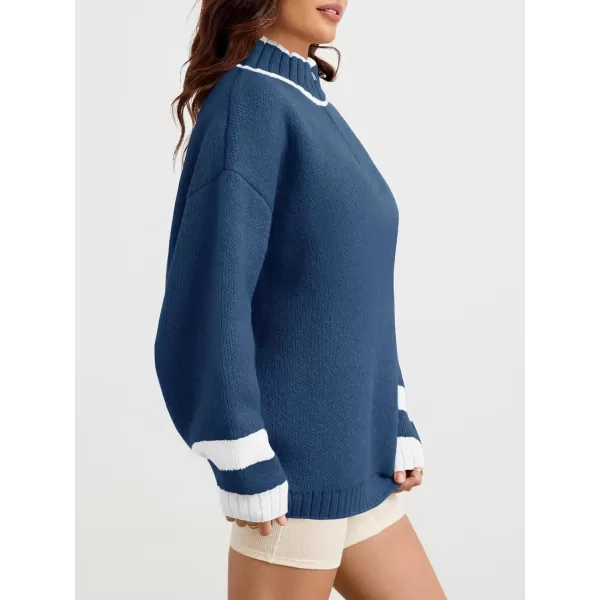 Saodimallsu Womens Oversized Sweater Casual Long Sleeve Fall Quarter Zip Striped Sweaters Lapel Mock Neck Pullover ShirtNavy Blue