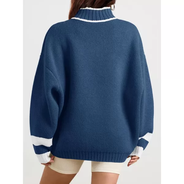 Saodimallsu Womens Oversized Sweater Casual Long Sleeve Fall Quarter Zip Striped Sweaters Lapel Mock Neck Pullover ShirtNavy Blue