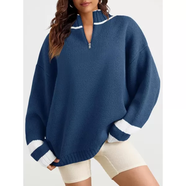 Saodimallsu Womens Oversized Sweater Casual Long Sleeve Fall Quarter Zip Striped Sweaters Lapel Mock Neck Pullover ShirtNavy Blue