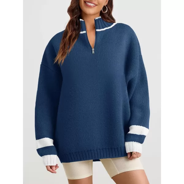 Saodimallsu Womens Oversized Sweater Casual Long Sleeve Fall Quarter Zip Striped Sweaters Lapel Mock Neck Pullover ShirtNavy Blue