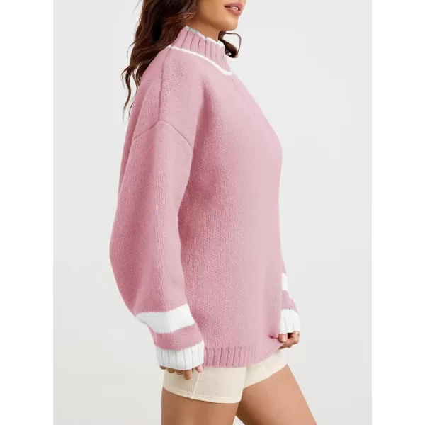 Saodimallsu Womens Oversized Sweater Casual Long Sleeve Fall Quarter Zip Striped Sweaters Lapel Mock Neck Pullover ShirtPink