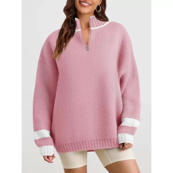 Saodimallsu Womens Oversized Sweater Casual Long Sleeve Fall Quarter Zip Striped Sweaters Lapel Mock Neck Pullover ShirtPink