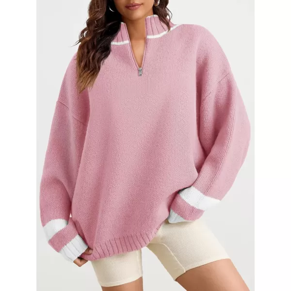 Saodimallsu Womens Oversized Sweater Casual Long Sleeve Fall Quarter Zip Striped Sweaters Lapel Mock Neck Pullover ShirtPink