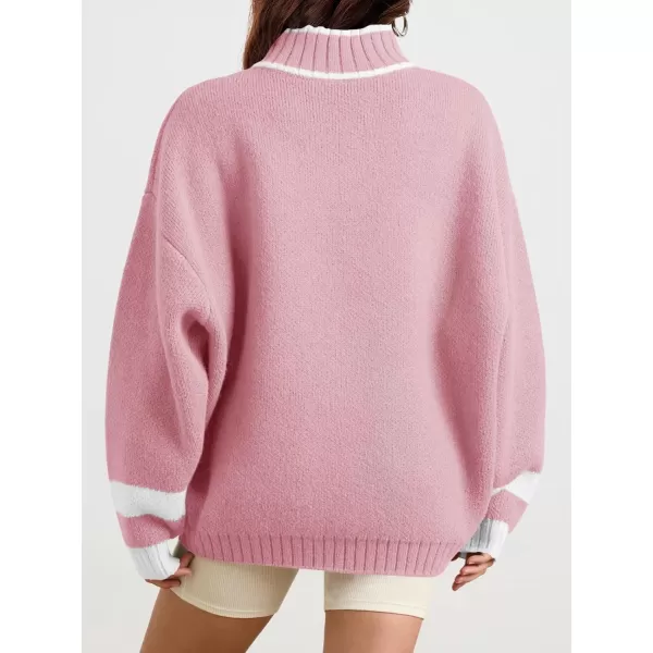 Saodimallsu Womens Oversized Sweater Casual Long Sleeve Fall Quarter Zip Striped Sweaters Lapel Mock Neck Pullover ShirtPink