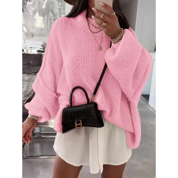 Saodimallsu Womens Oversized Sweaters Mock Neck Batwing Long Sleeve 2024 Fall Trendy Ribbed Knit Casual Tunic SweaterPink