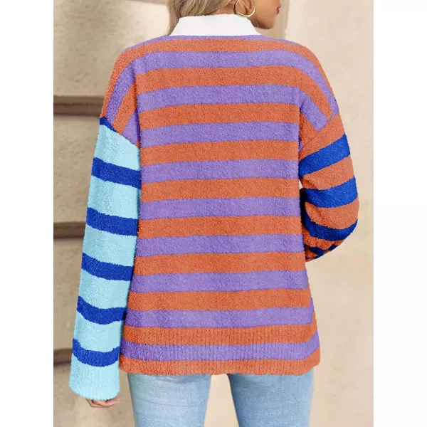 Saodimallsu Womens Striped Cardigan Sweaters V Neck Open Front Button Up Color Block Fuzzy Loose Knit CoatsBlue