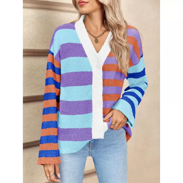 Saodimallsu Womens Striped Cardigan Sweaters V Neck Open Front Button Up Color Block Fuzzy Loose Knit CoatsBlue