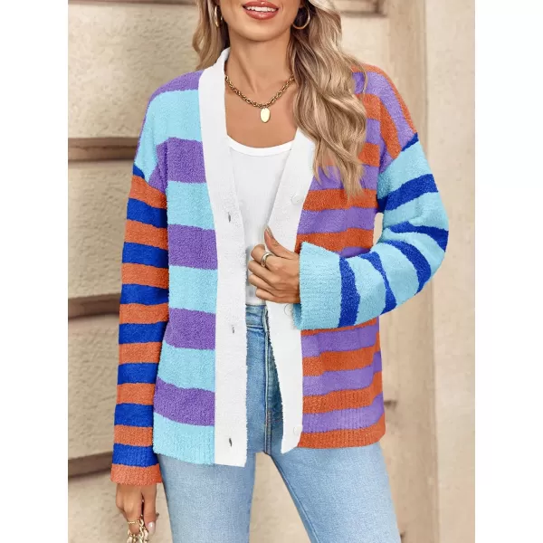 Saodimallsu Womens Striped Cardigan Sweaters V Neck Open Front Button Up Color Block Fuzzy Loose Knit CoatsBlue