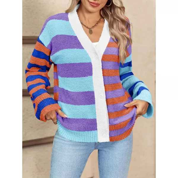 Saodimallsu Womens Striped Cardigan Sweaters V Neck Open Front Button Up Color Block Fuzzy Loose Knit CoatsBlue