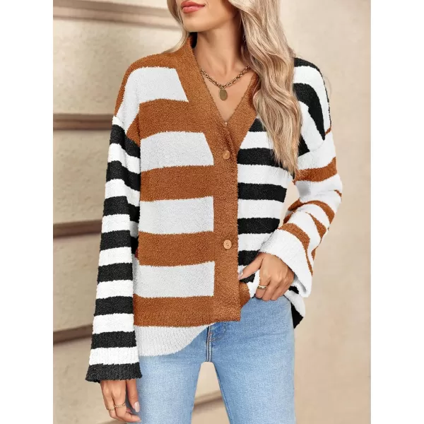 Saodimallsu Womens Striped Cardigan Sweaters V Neck Open Front Button Up Color Block Fuzzy Loose Knit CoatsBrown