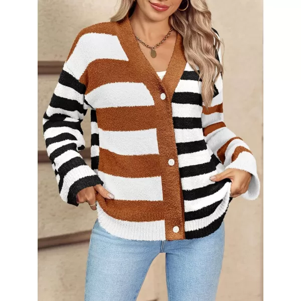 Saodimallsu Womens Striped Cardigan Sweaters V Neck Open Front Button Up Color Block Fuzzy Loose Knit CoatsBrown