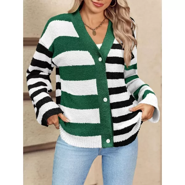 Saodimallsu Womens Striped Cardigan Sweaters V Neck Open Front Button Up Color Block Fuzzy Loose Knit CoatsDark Green