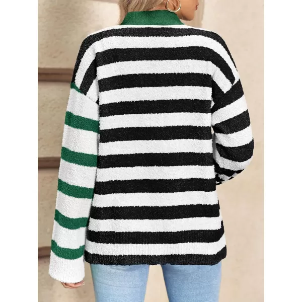 Saodimallsu Womens Striped Cardigan Sweaters V Neck Open Front Button Up Color Block Fuzzy Loose Knit CoatsDark Green