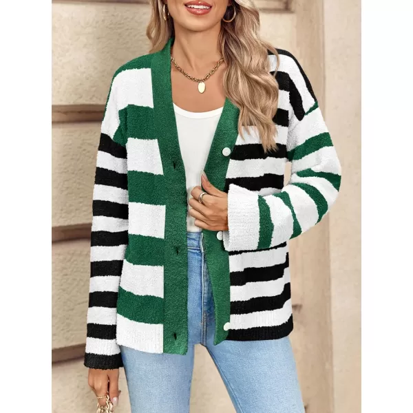 Saodimallsu Womens Striped Cardigan Sweaters V Neck Open Front Button Up Color Block Fuzzy Loose Knit CoatsDark Green