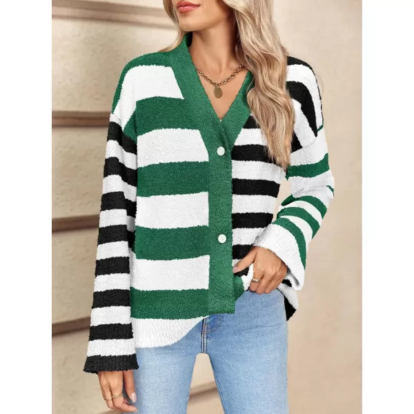 Saodimallsu Womens Striped Cardigan Sweaters V Neck Open Front Button Up Color Block Fuzzy Loose Knit CoatsDark Green