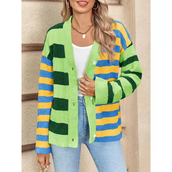 Saodimallsu Womens Striped Cardigan Sweaters V Neck Open Front Button Up Color Block Fuzzy Loose Knit CoatsGreen