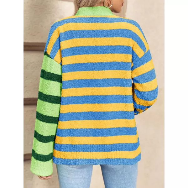 Saodimallsu Womens Striped Cardigan Sweaters V Neck Open Front Button Up Color Block Fuzzy Loose Knit CoatsGreen