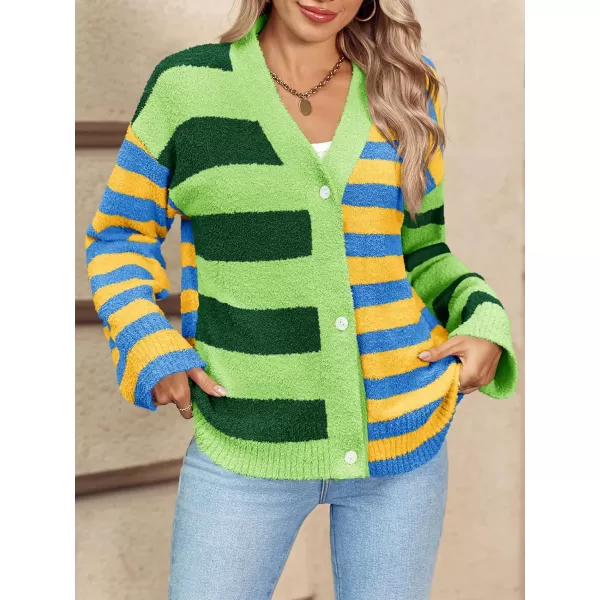 Saodimallsu Womens Striped Cardigan Sweaters V Neck Open Front Button Up Color Block Fuzzy Loose Knit CoatsGreen