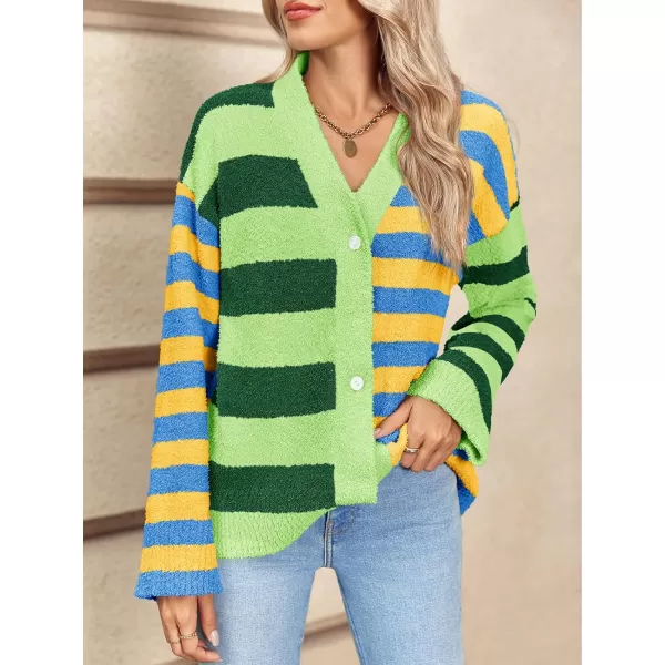 Saodimallsu Womens Striped Cardigan Sweaters V Neck Open Front Button Up Color Block Fuzzy Loose Knit CoatsGreen