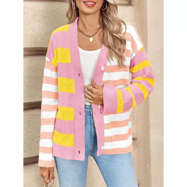 Saodimallsu Womens Striped Cardigan Sweaters V Neck Open Front Button Up Color Block Fuzzy Loose Knit CoatsLight Pink