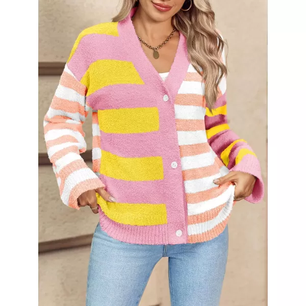 Saodimallsu Womens Striped Cardigan Sweaters V Neck Open Front Button Up Color Block Fuzzy Loose Knit CoatsLight Pink