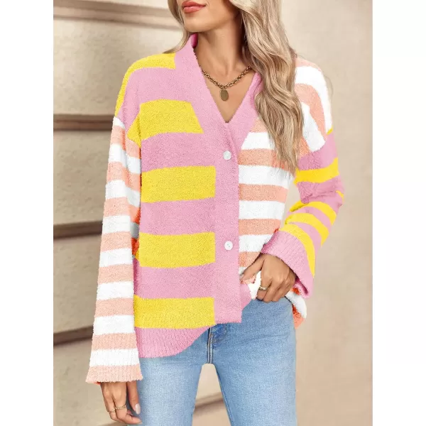 Saodimallsu Womens Striped Cardigan Sweaters V Neck Open Front Button Up Color Block Fuzzy Loose Knit CoatsLight Pink