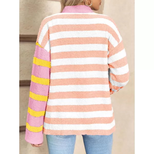 Saodimallsu Womens Striped Cardigan Sweaters V Neck Open Front Button Up Color Block Fuzzy Loose Knit CoatsLight Pink