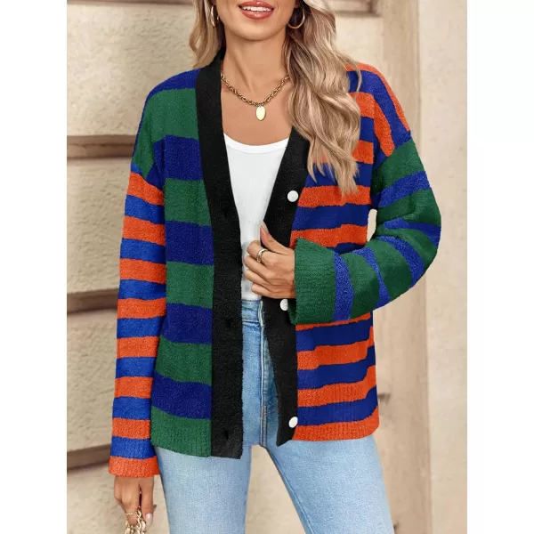 Saodimallsu Womens Striped Cardigan Sweaters V Neck Open Front Button Up Color Block Fuzzy Loose Knit CoatsOrange