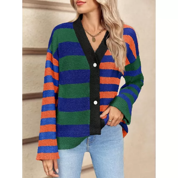 Saodimallsu Womens Striped Cardigan Sweaters V Neck Open Front Button Up Color Block Fuzzy Loose Knit CoatsOrange