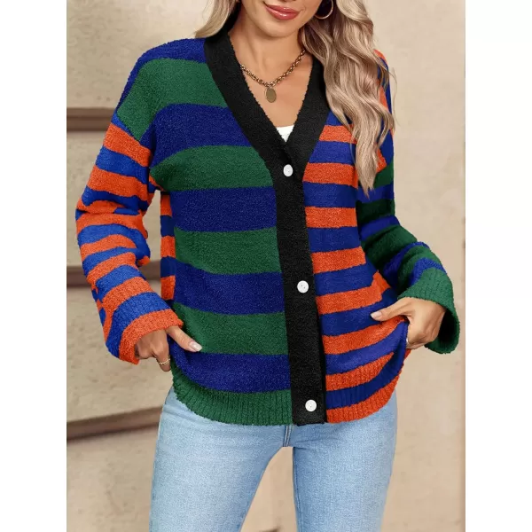 Saodimallsu Womens Striped Cardigan Sweaters V Neck Open Front Button Up Color Block Fuzzy Loose Knit CoatsOrange