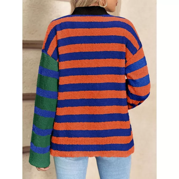 Saodimallsu Womens Striped Cardigan Sweaters V Neck Open Front Button Up Color Block Fuzzy Loose Knit CoatsOrange