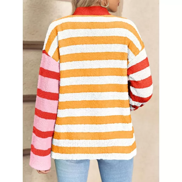 Saodimallsu Womens Striped Cardigan Sweaters V Neck Open Front Button Up Color Block Fuzzy Loose Knit CoatsOrange Red