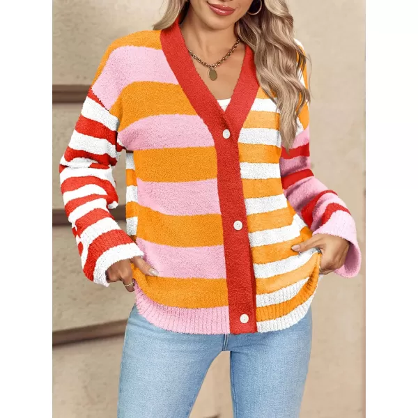 Saodimallsu Womens Striped Cardigan Sweaters V Neck Open Front Button Up Color Block Fuzzy Loose Knit CoatsOrange Red