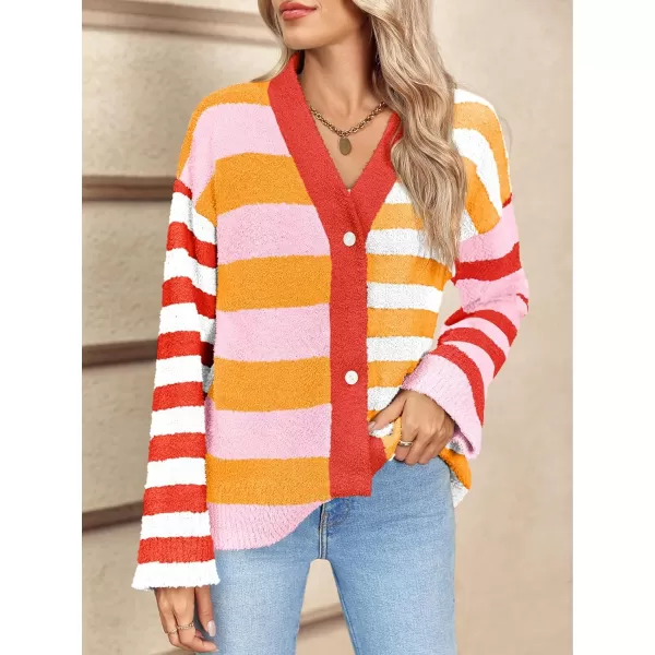 Saodimallsu Womens Striped Cardigan Sweaters V Neck Open Front Button Up Color Block Fuzzy Loose Knit CoatsOrange Red