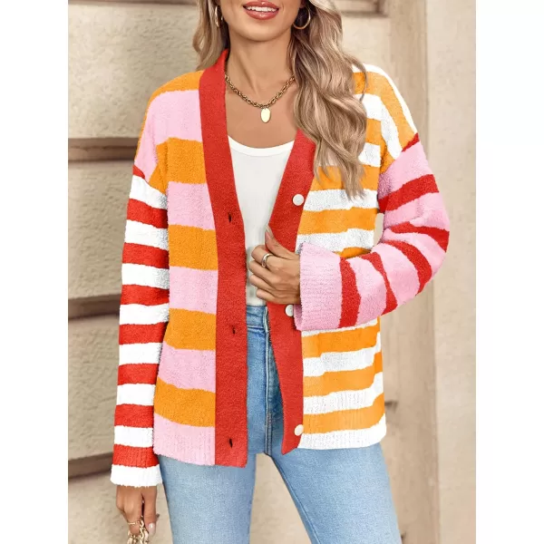 Saodimallsu Womens Striped Cardigan Sweaters V Neck Open Front Button Up Color Block Fuzzy Loose Knit CoatsOrange Red