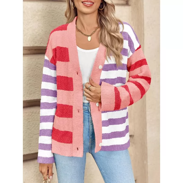 Saodimallsu Womens Striped Cardigan Sweaters V Neck Open Front Button Up Color Block Fuzzy Loose Knit CoatsPink