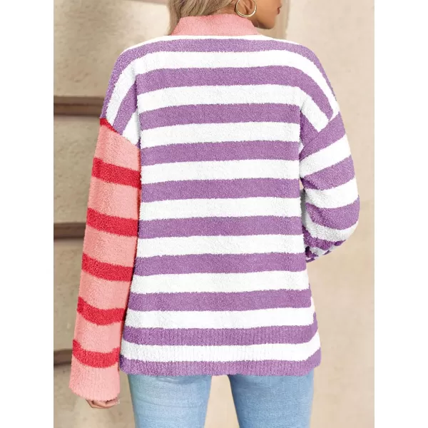 Saodimallsu Womens Striped Cardigan Sweaters V Neck Open Front Button Up Color Block Fuzzy Loose Knit CoatsPink