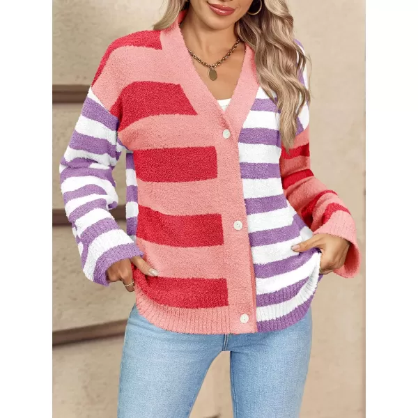 Saodimallsu Womens Striped Cardigan Sweaters V Neck Open Front Button Up Color Block Fuzzy Loose Knit CoatsPink