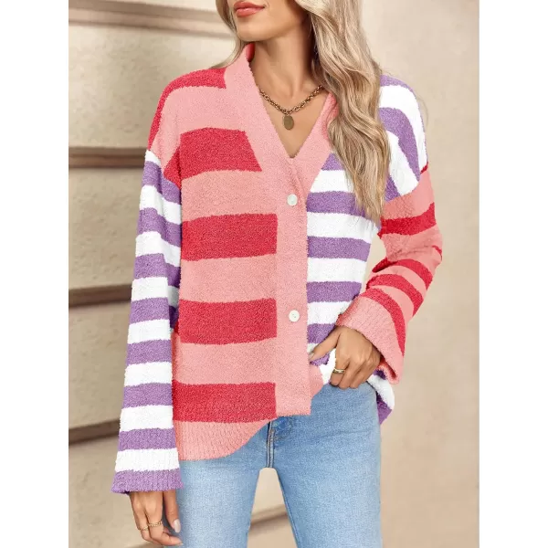 Saodimallsu Womens Striped Cardigan Sweaters V Neck Open Front Button Up Color Block Fuzzy Loose Knit CoatsPink