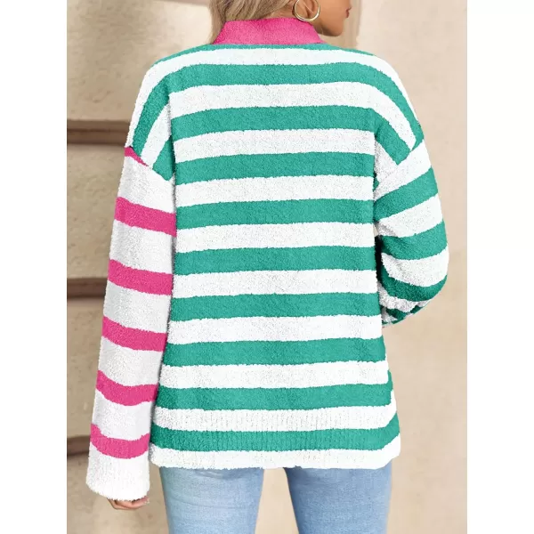 Saodimallsu Womens Striped Cardigan Sweaters V Neck Open Front Button Up Color Block Fuzzy Loose Knit CoatsPink Green