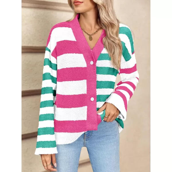 Saodimallsu Womens Striped Cardigan Sweaters V Neck Open Front Button Up Color Block Fuzzy Loose Knit CoatsPink Green