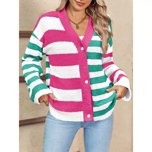 Saodimallsu Womens Striped Cardigan Sweaters V Neck Open Front Button Up Color Block Fuzzy Loose Knit CoatsPink Green