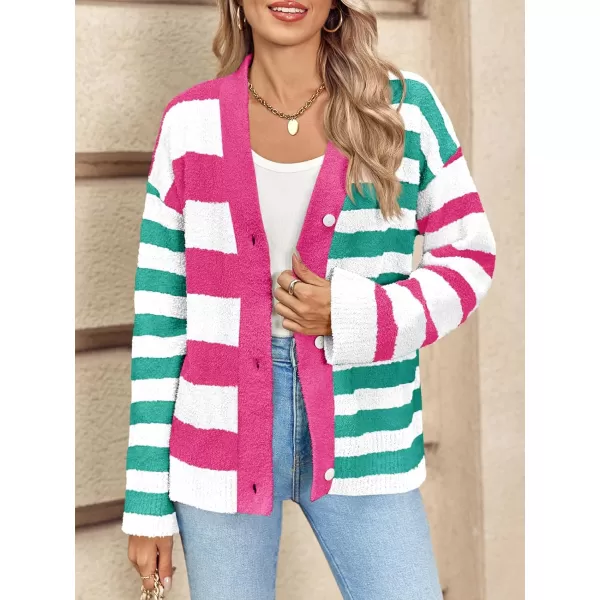 Saodimallsu Womens Striped Cardigan Sweaters V Neck Open Front Button Up Color Block Fuzzy Loose Knit CoatsPink Green